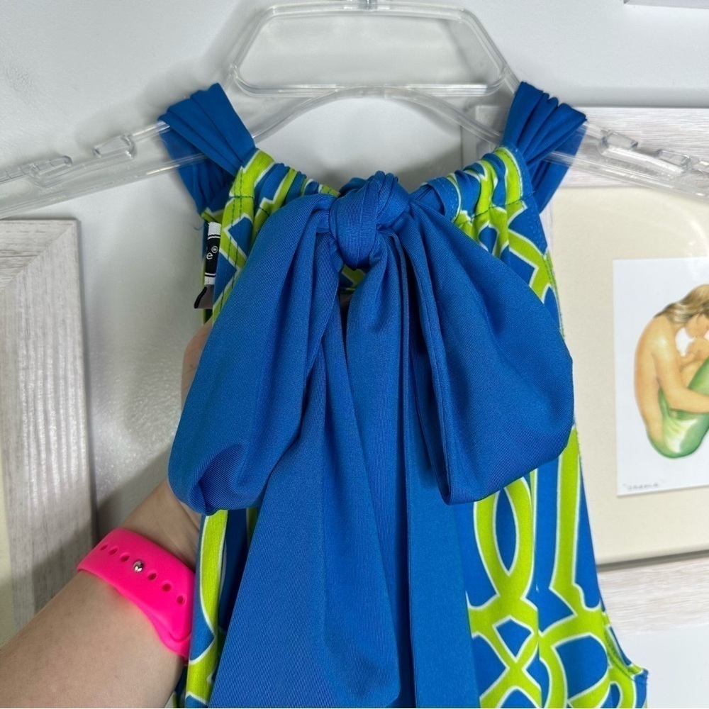 Mud Pie Green & Blue Geometric Natalie Bow Tie Mini Dress Women’s Size Small - Picture 6 of 10